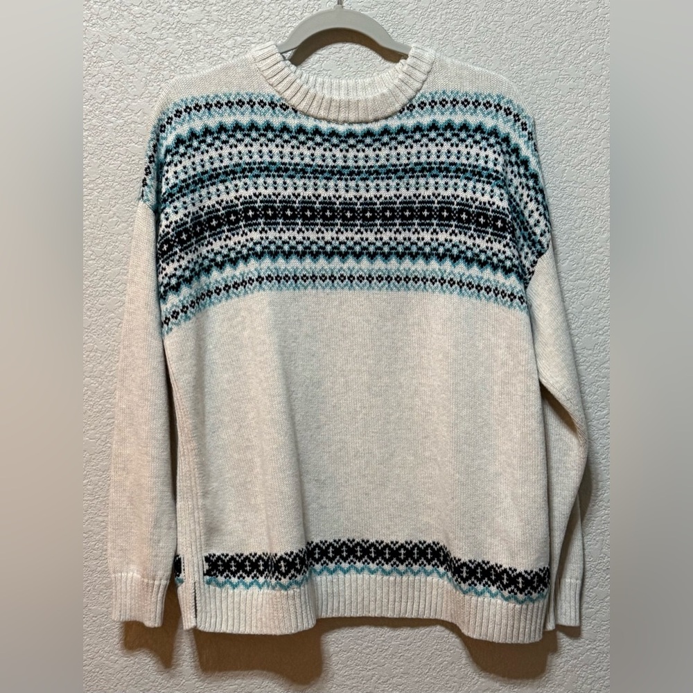 J. Jill Fair Isle Nordic Relaxed Fit Classic Style Cream Teal & Black Sweater